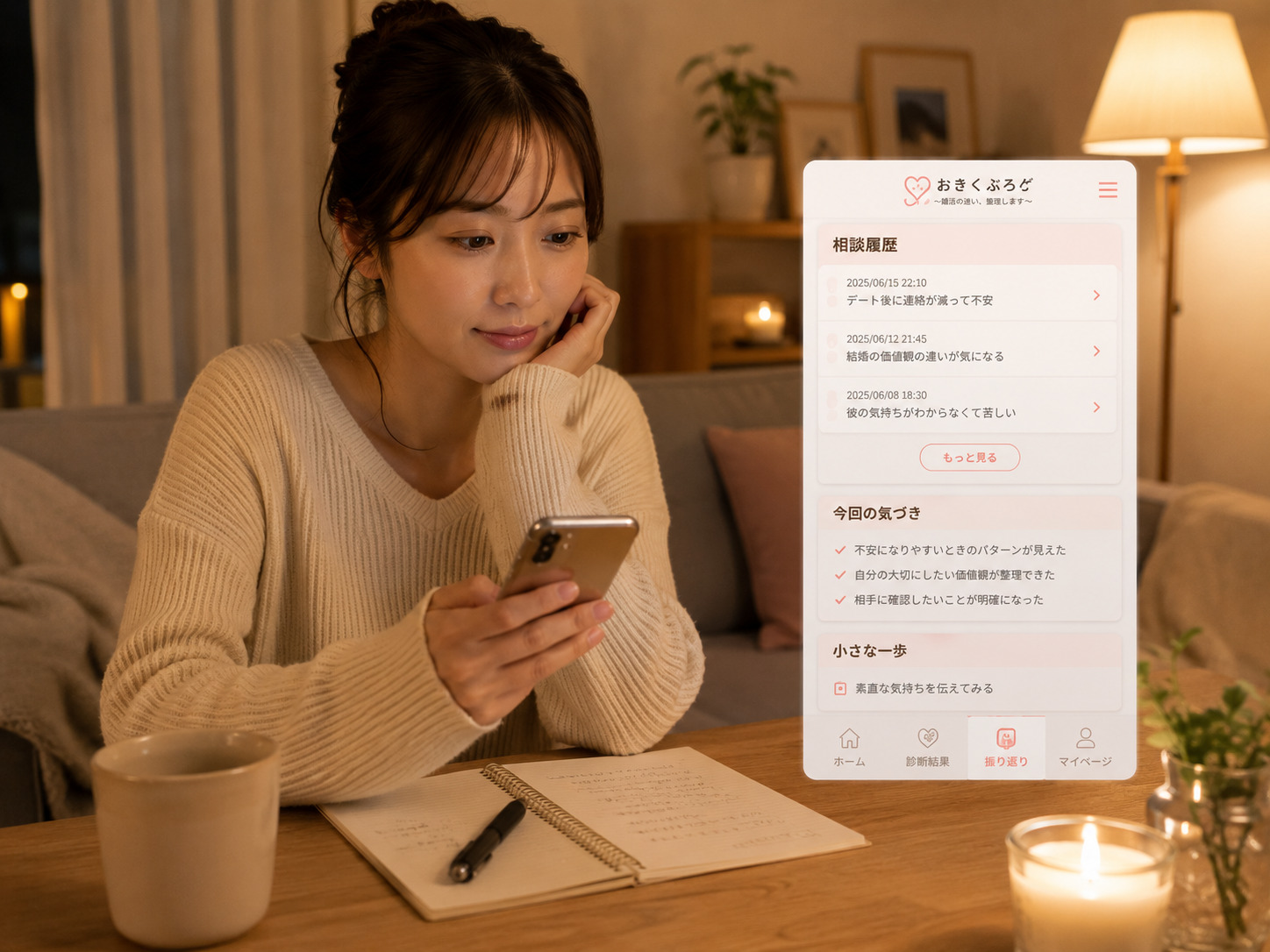 スマートフォンで診断結果と会話履歴を振り返る女性