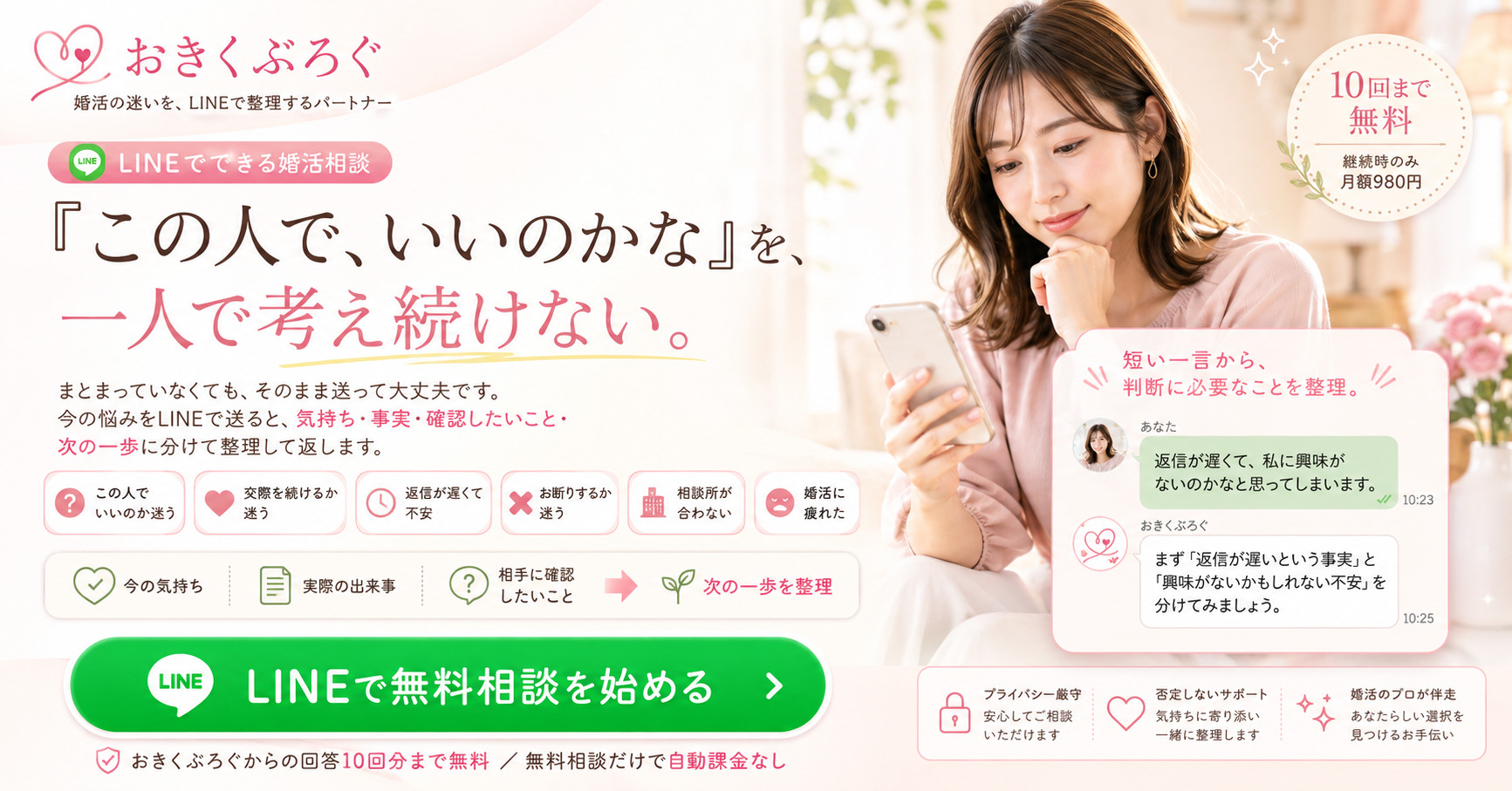 おきくぶろぐのLINE婚活相談。『この人でいいのかな』という迷いを、気持ち・事実・確認したいこと・次の一歩に分けて整理するサービス