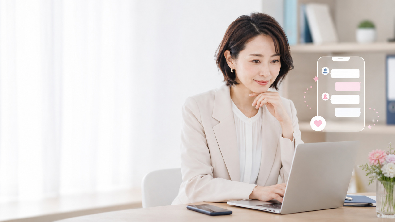 婚活カウンセラーがパソコンとLINE相談画面を確認しているイメージ