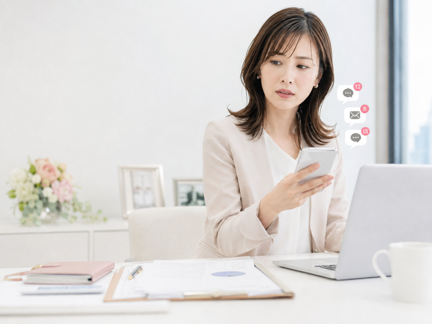 スマートフォンの通知や複数業務に追われる婚活カウンセラーのイメージ