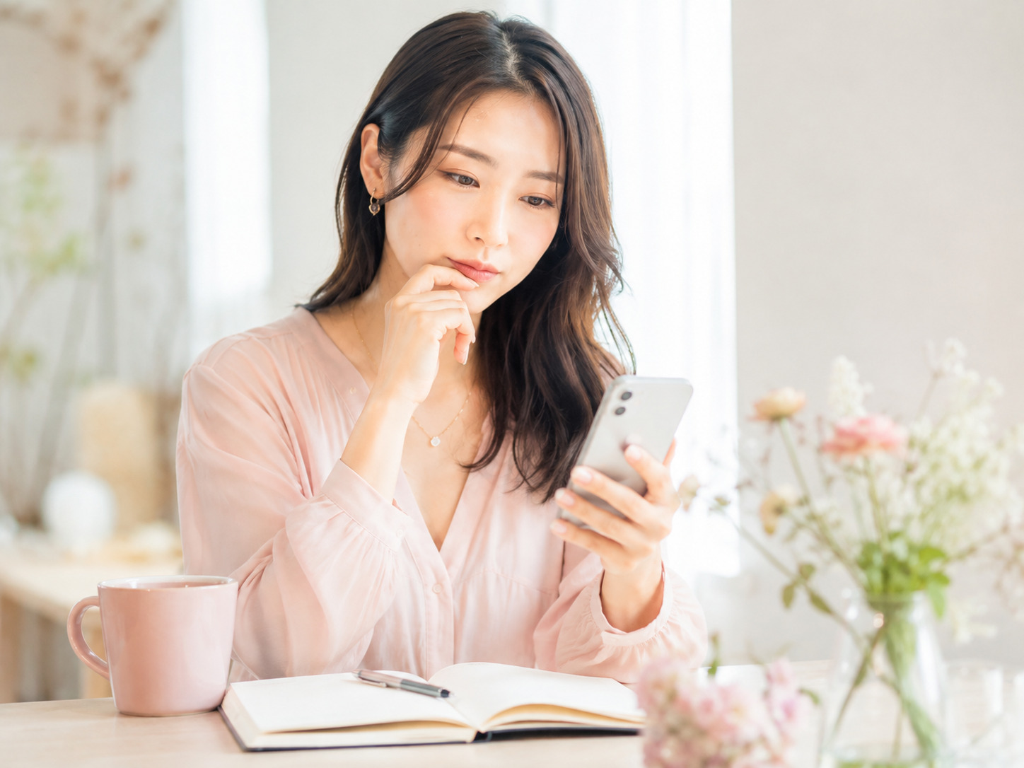 婚活や結婚についてスマートフォンを見ながら考える女性