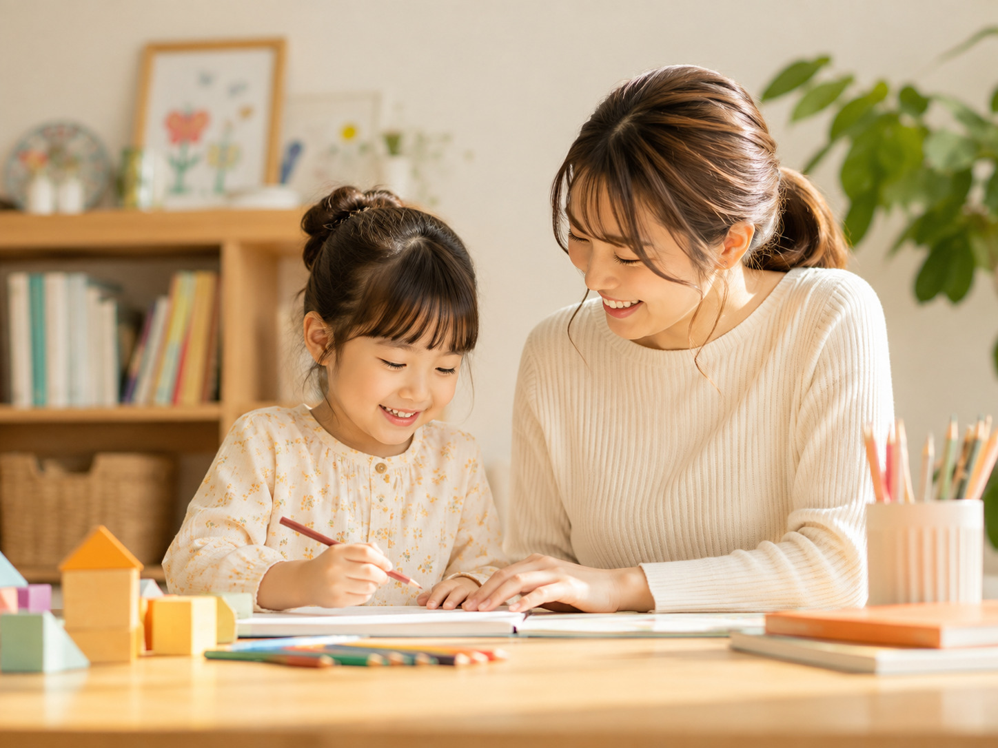 親子で遊びや学びを楽しみながら成長を見守る様子