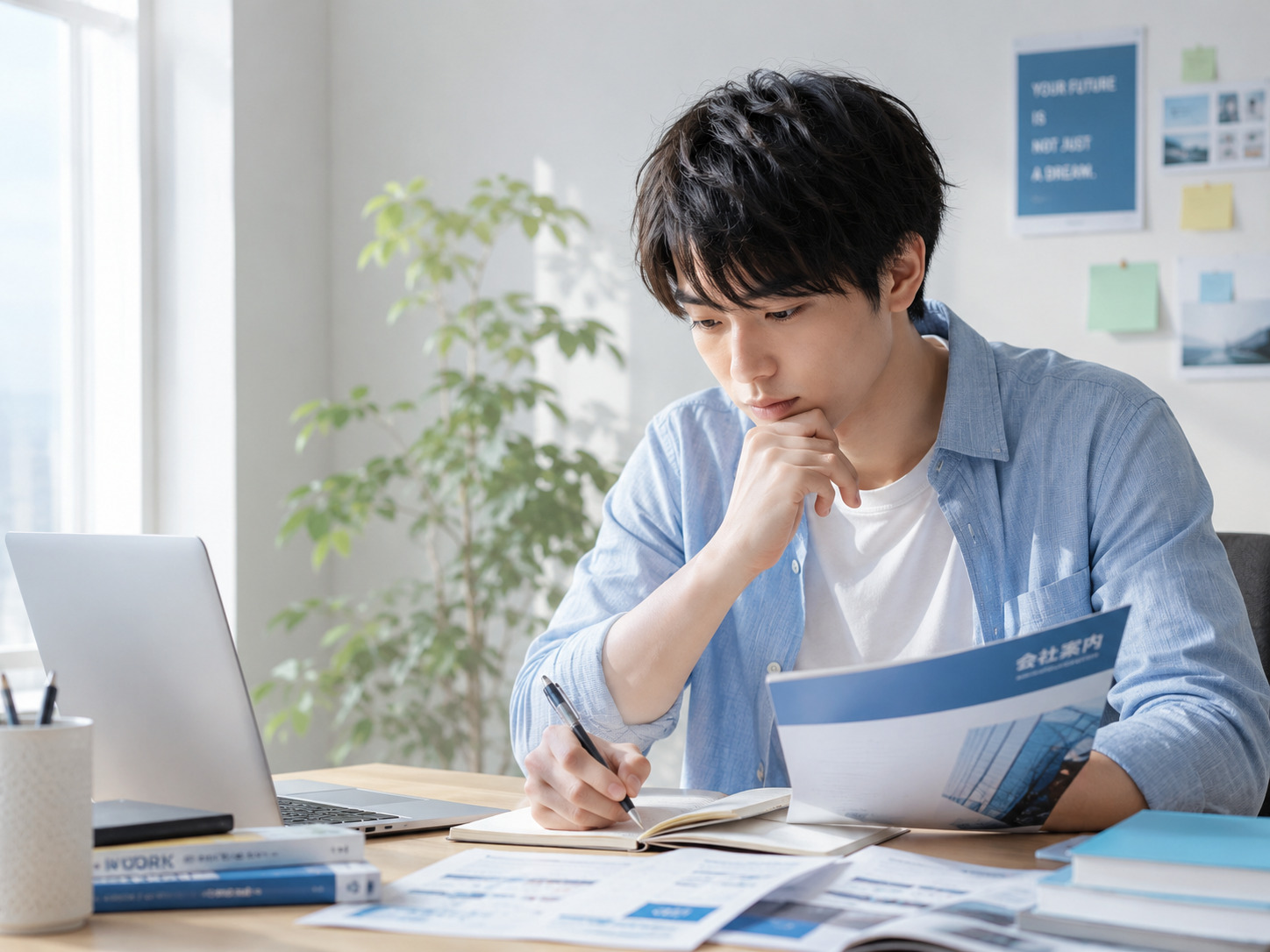 企業資料とノートを見ながら就活やキャリアを整理する若者